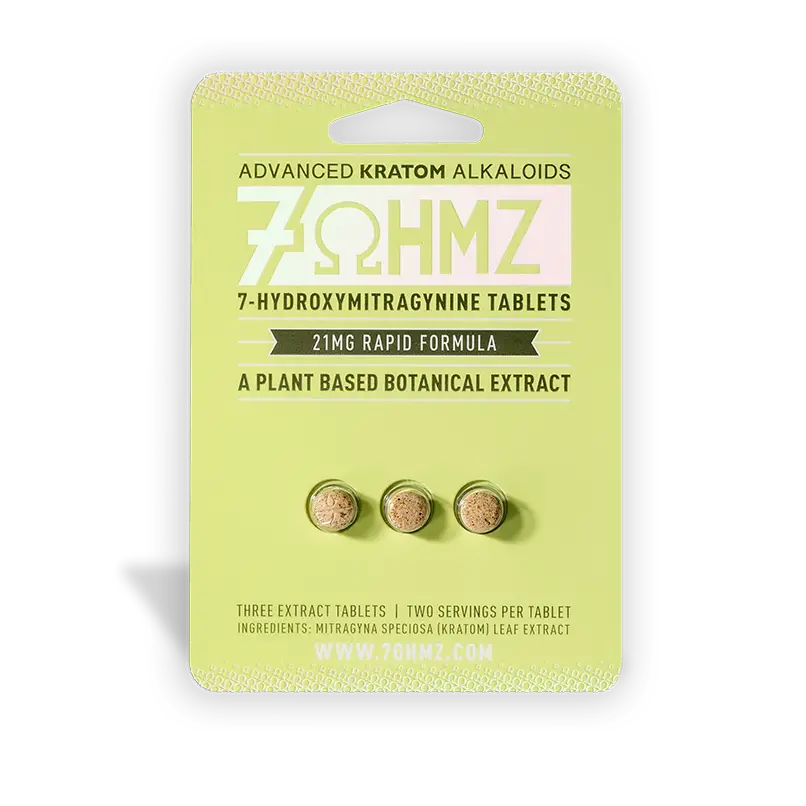Box of 7-Hydroxymitragynine tablets by OHMZ on a white background, 7ohmz advanted kratom alkaloids, 7ohmz hydroxy tablets, 7ohmz tablets 21mg, 21mg 7ohmz hydroxy chewable tablets