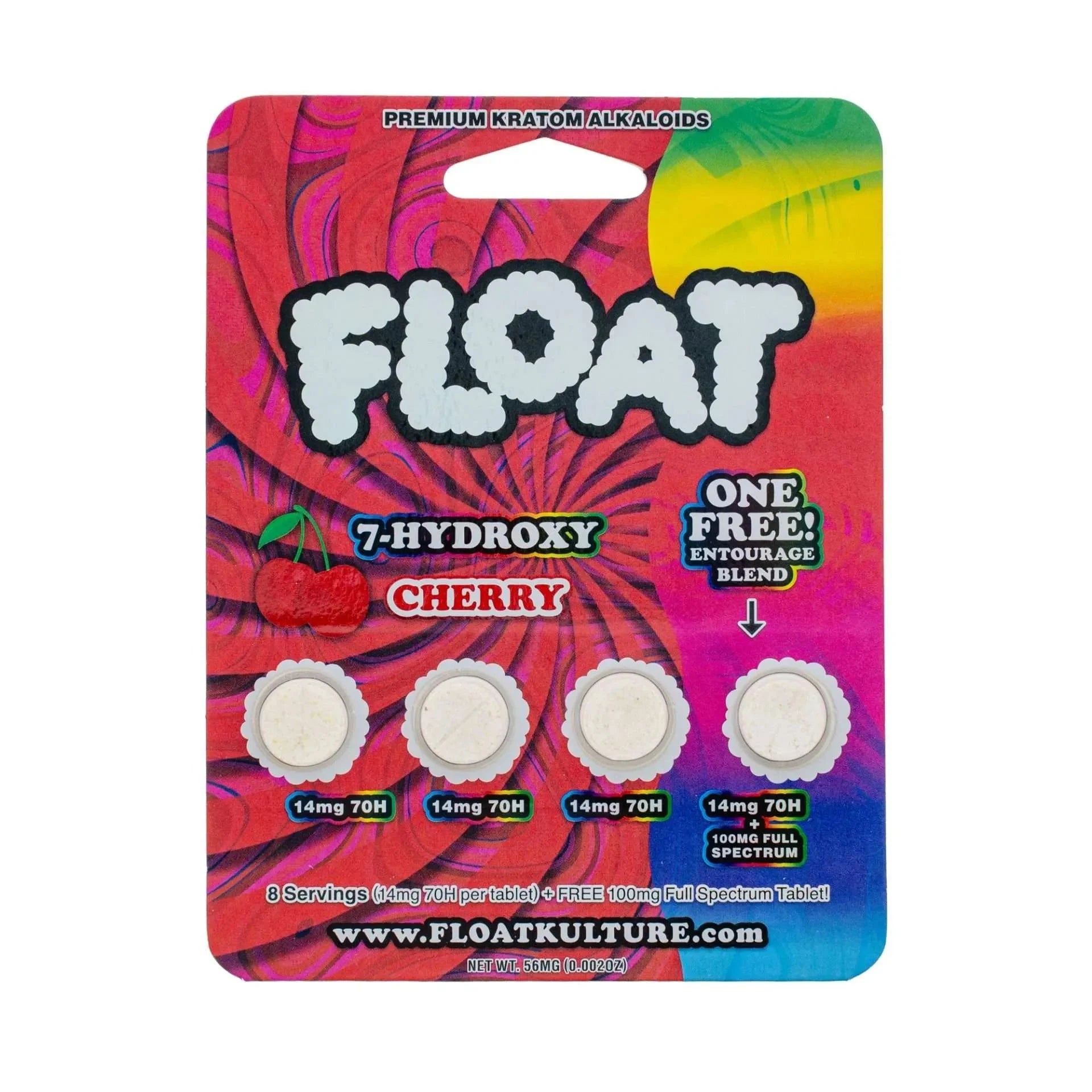 Float cherry kratom package with colorful design and text, Float Kratom package with blue and rainbow design on a white background, float 7 hydroxy tablets, float premium kratom alkaloids cherry tablets 14mg, 14mg cherry float kratom tablets