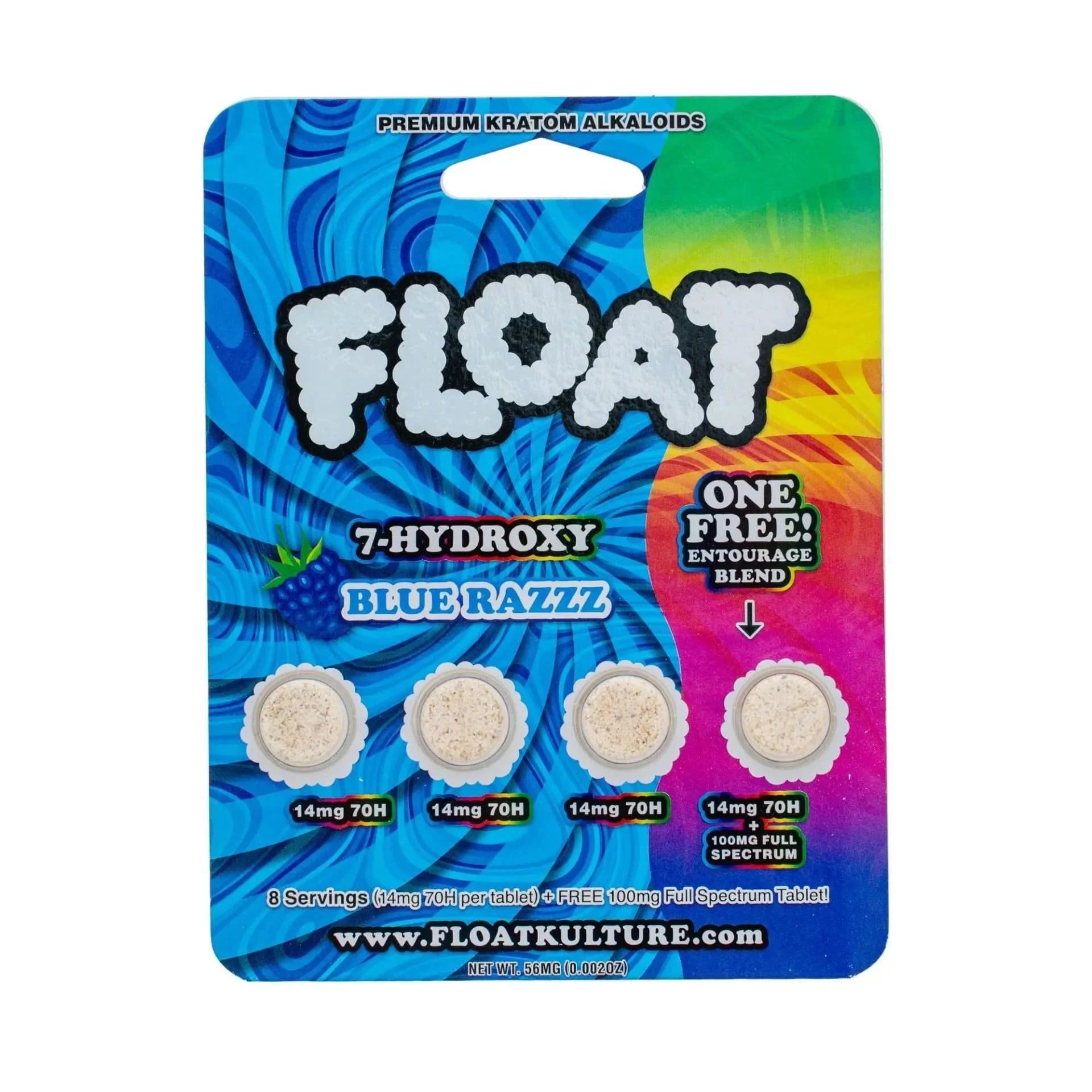 Float Kratom package with blue and rainbow design on a white background, float 7 hydroxy tablets, float premium kratom alkaloids blue razz tablets 14mg, 14mg blue razz float kratom tablets