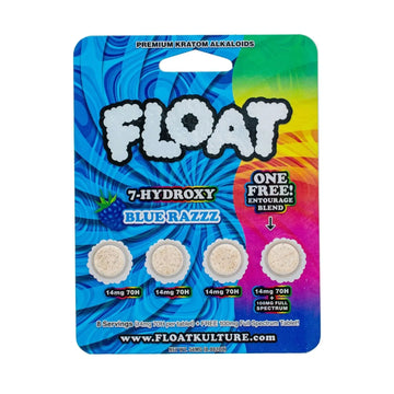 Float Kratom package with blue and rainbow design on a white background, float 7 hydroxy tablets, float premium kratom alkaloids blue razz tablets 14mg, 14mg blue razz float kratom tablets