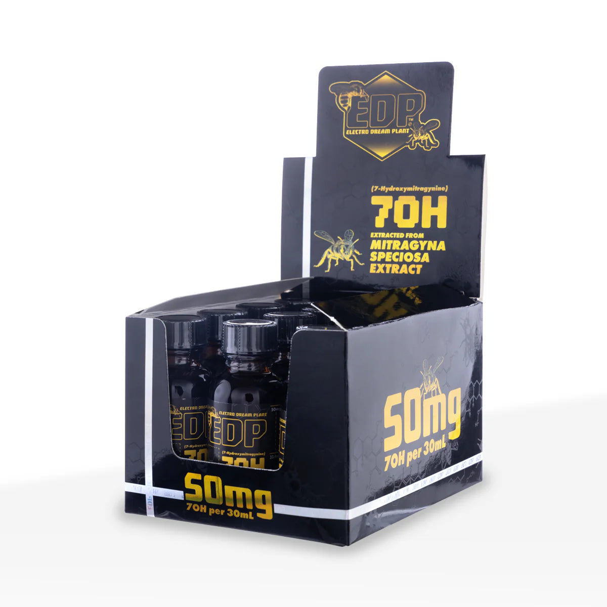 Display box of EDP (Electro Dream Plus) products with black bottles and yellow text on a white background, Bottle of EDP 70H extract on a white background, EDP 7oh kratom extract shot, EDP 7oh electro dream plant kratom shot, kratom shot edp, edp 7oh kratom shot 50 g, 50mg kratom shot edp