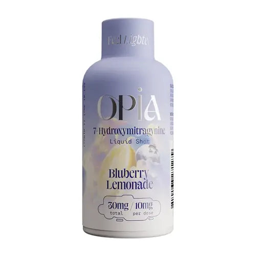 OPIA Blueberry Lemonade liquid shot bottle on a white background, Opia Raspberry Peach liquid shot bottle on a white background, OPIA 7 Hydroxymitragynine chewable tablets packaging with green apple design on a white background, opia hydroxy tablets, opia chewable kratom hydroxy tablets, opia shot, opia shot 10mg 30mg, 10mg opia shot 30mg, 30mg opia shot, opia shot blueberry lemonade, blueberry lemonade opia shot