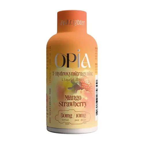 OPIA Mango Strawberry liquid shot bottle on a white background, Opia Raspberry Peach liquid shot bottle on a white background, OPIA 7 Hydroxymitragynine chewable tablets packaging with green apple design on a white background, opia hydroxy tablets, opia chewable kratom hydroxy tablets, opia shot, opia shot 10mg 30mg, 10mg opia shot 30mg, 30mg opia shot, opia shot mango strawberry, mango strawberry opia shot