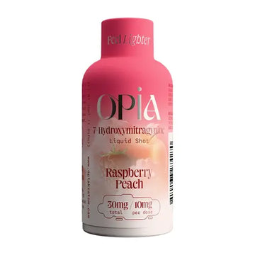 Opia Raspberry Peach liquid shot bottle on a white background, OPIA 7 Hydroxymitragynine chewable tablets packaging with green apple design on a white background, opia hydroxy tablets, opia chewable kratom hydroxy tablets, opia shot, opia shot 10mg 30mg, 10mg opia shot 30mg, 30mg opia shot, opia shot raspberry peach, raspberry peach opia shot