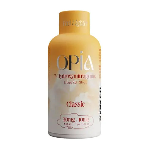 Opia classic liquid shot bottle on a white background,  Opia classi liquid shot bottle on a white background, OPIA 7 Hydroxymitragynine chewable tablets packaging with green apple design on a white background, opia hydroxy tablets, opia chewable kratom hydroxy tablets, opia shot, opia shot 10mg 30mg, 10mg opia shot 30mg, 30mg opia shot, opia shot classic, classic opia shot
