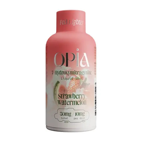 OPIA strawberry watermelon liquid shot bottle on a white background, Opia Raspberry Peach liquid shot bottle on a white background, OPIA 7 Hydroxymitragynine chewable tablets packaging with green apple design on a white background, opia hydroxy tablets, opia chewable kratom hydroxy tablets, opia shot, opia shot 10mg 30mg, 10mg opia shot 30mg, 30mg opia shot, opia shot strawberry watermelon, strawberry watermelon opia shot