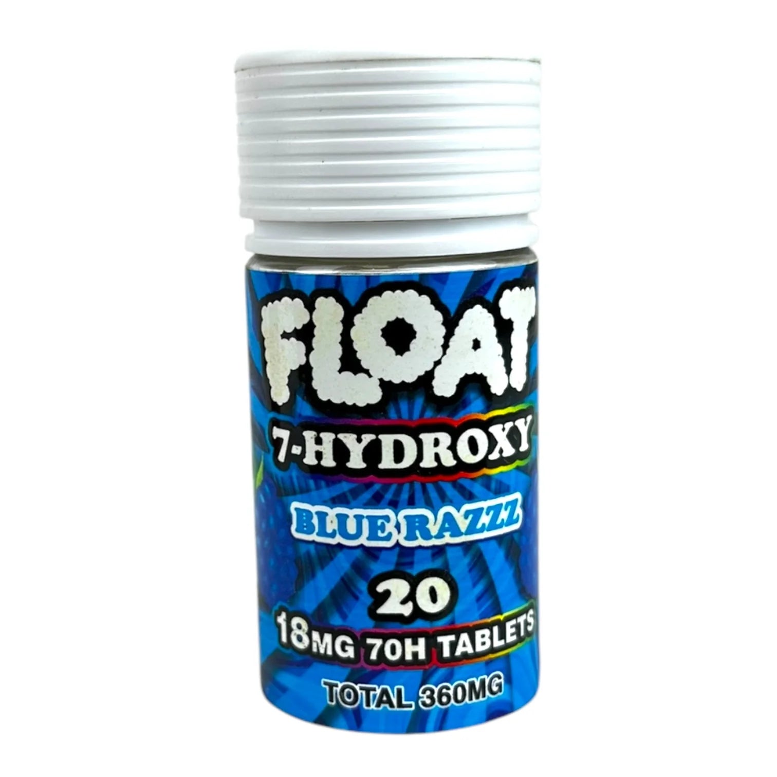 Bottle of Float 7-Hydroxy Blue Razz tablets on a white background, Two bottles of 'Float 7-Hydroxy' tablets in cherry and blue razz flavors on a white background, float 7 hydroxy 18mg 7oh tablets, 360mg tablet float 7 hydroxy tablets, float 7hydroxy flavored tablets, blue razz float 7 hydroxy 18mg 7oh tablets