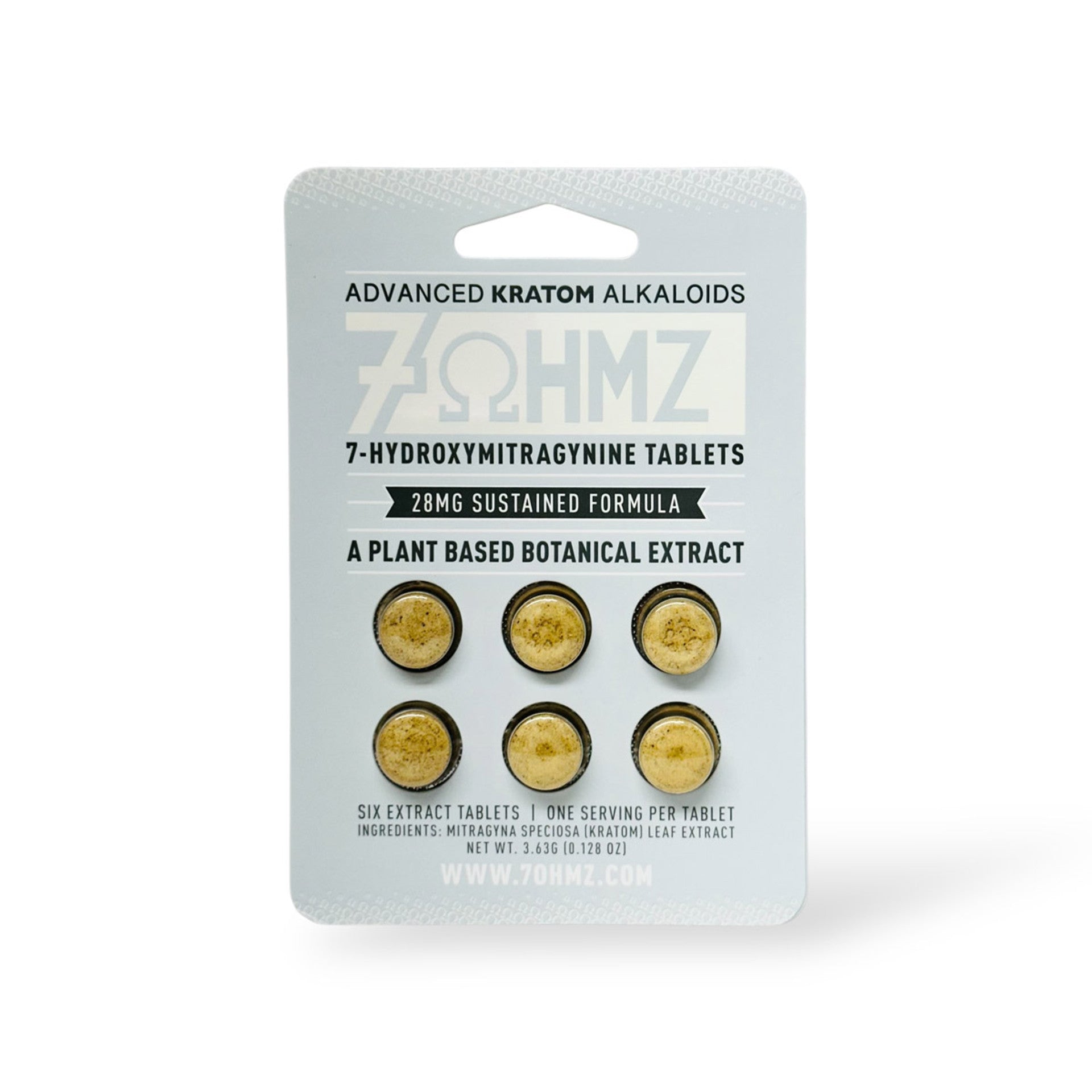 Box of 7-Hydroxymitragynine tablets by OHMZ on a white background, 7ohmz advanted kratom alkaloids, 7ohmz hydroxy tablets, 7ohmz tablets 28mg, 28mg 7ohmz hydroxy chewable tablets