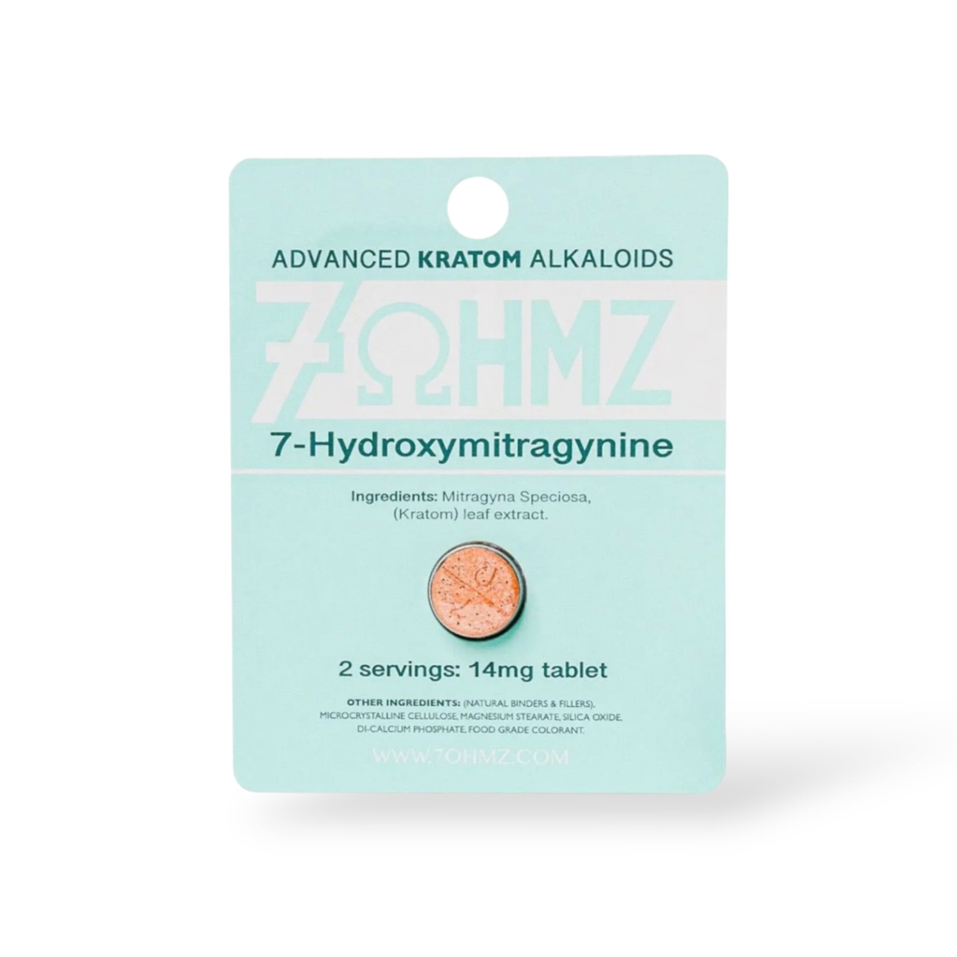 Package of Advanced Kratom Alkaloids 7-Hydroxymitragynine on a white background, Box of 7-Hydroxymitragynine tablets by OHMZ on a white background, 7ohmz advanted kratom alkaloids, 7ohmz hydroxy tablets, 7ohmz tablets 14mg, 14mg 7ohmz hydroxy chewable tablets