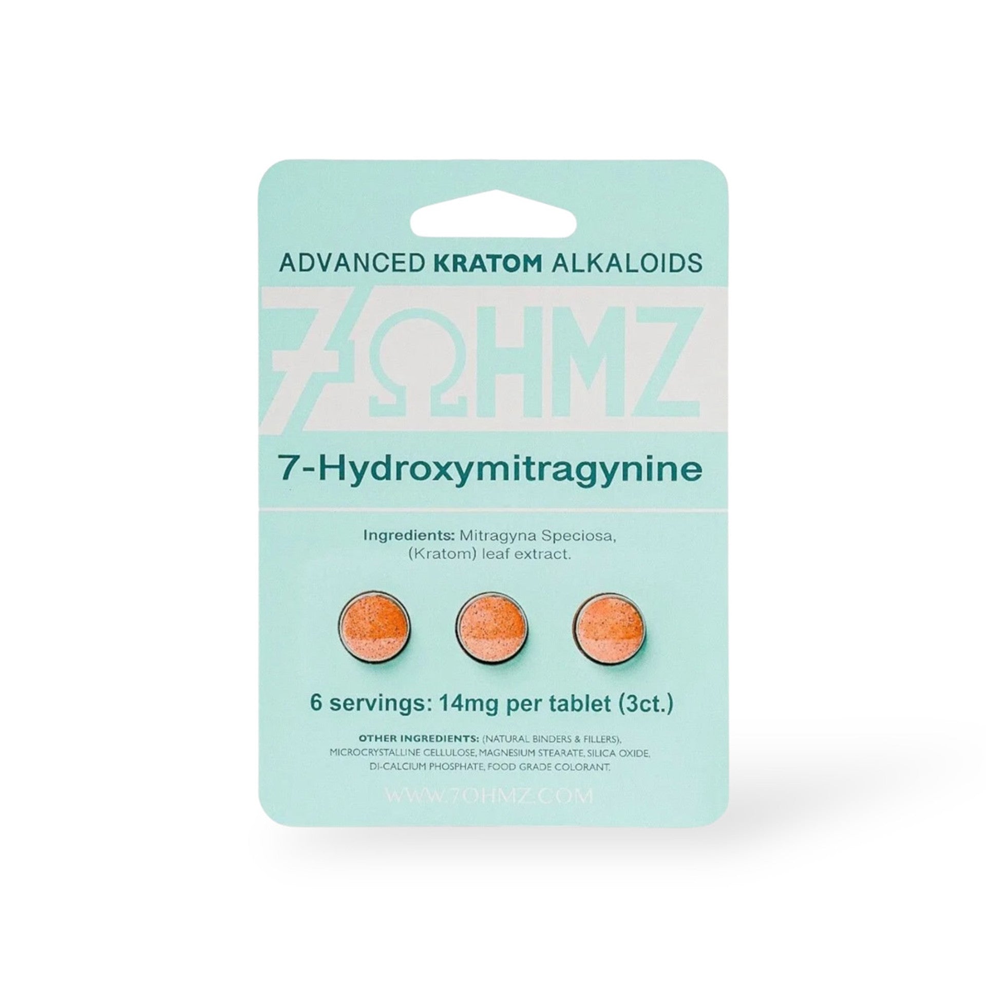 QMZ Advanced Kratom Alkaloids packaging with three orange tablets on a light blue background, Box of 7-Hydroxymitragynine tablets by OHMZ on a white background, 7ohmz advanted kratom alkaloids, 7ohmz hydroxy tablets, 7ohmz tablets 14mg, 14mg 7ohmz hydroxy chewable tablets