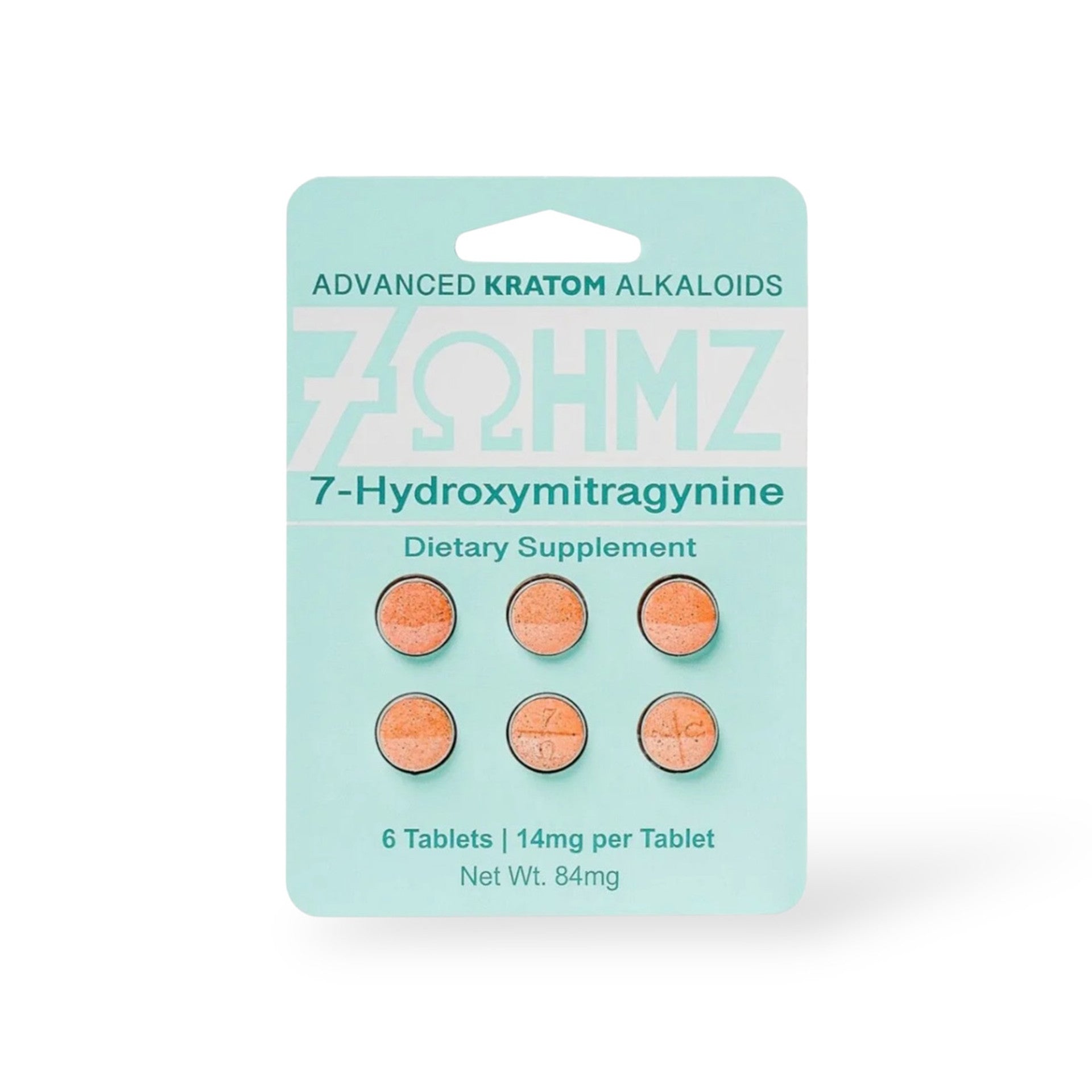 Pack of dietary supplements with a light blue label on a white background, Box of 7-Hydroxymitragynine tablets by OHMZ on a white background, 7ohmz advanted kratom alkaloids, 7ohmz hydroxy tablets, 7ohmz tablets 14mg, 14mg 7ohmz hydroxy chewable tablets