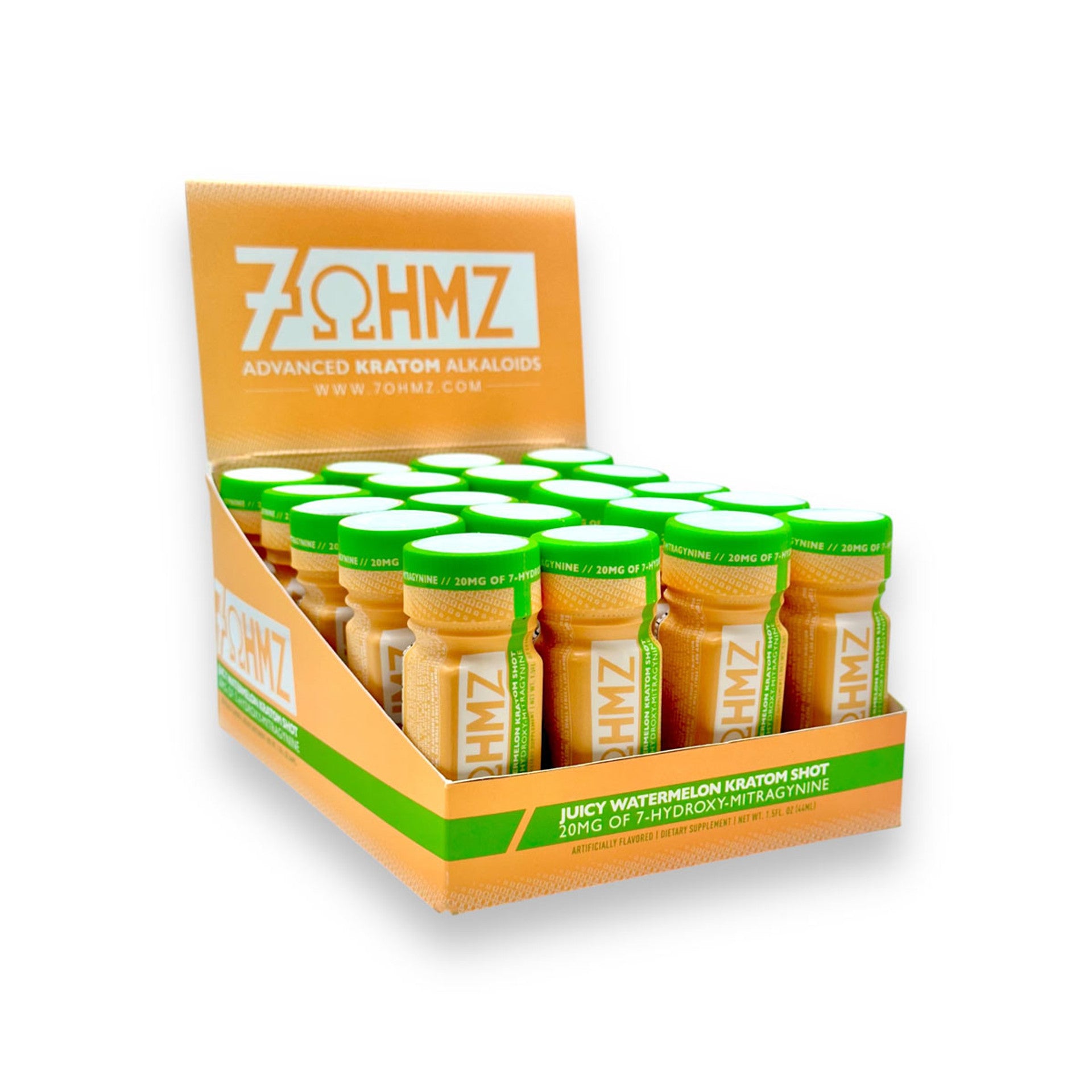 Display box of 7Ohmz Kratom shots with bottles inside on a white background, ZOHMZ supplement shot container with green and orange design on a white background, 7ohmz kratom shot juicy watermelon, juicy watermelon kratom shot 7ohmz, juicy watermelon 7ohmz kratom shot