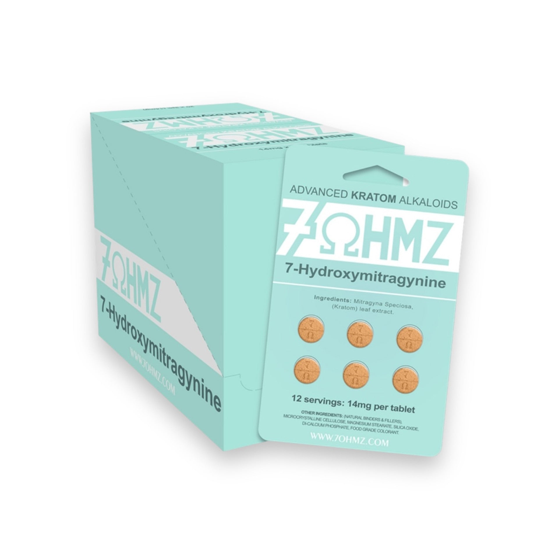 Box of 7-Hydroxymitragynine tablets by OHMZ on a white background, 7ohmz advanted kratom alkaloids, 7ohmz hydroxy tablets, 7ohmz tablets 14mg, 14mg 7ohmz hydroxy chewable tablets