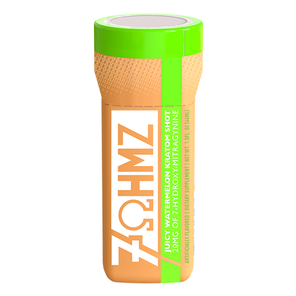 ZOHMZ supplement shot container with green and orange design on a white background, 7ohmz kratom shot juicy watermelon, juicy watermelon kratom shot 7ohmz, juicy watermelon 7ohmz kratom shot