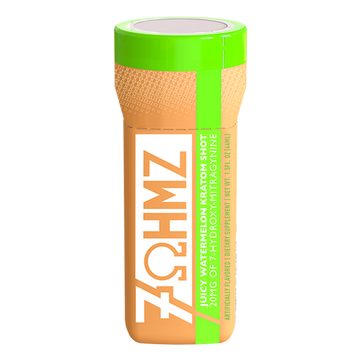 ZOHMZ supplement shot container with green and orange design on a white background, 7ohmz kratom shot juicy watermelon, juicy watermelon kratom shot 7ohmz, juicy watermelon 7ohmz kratom shot