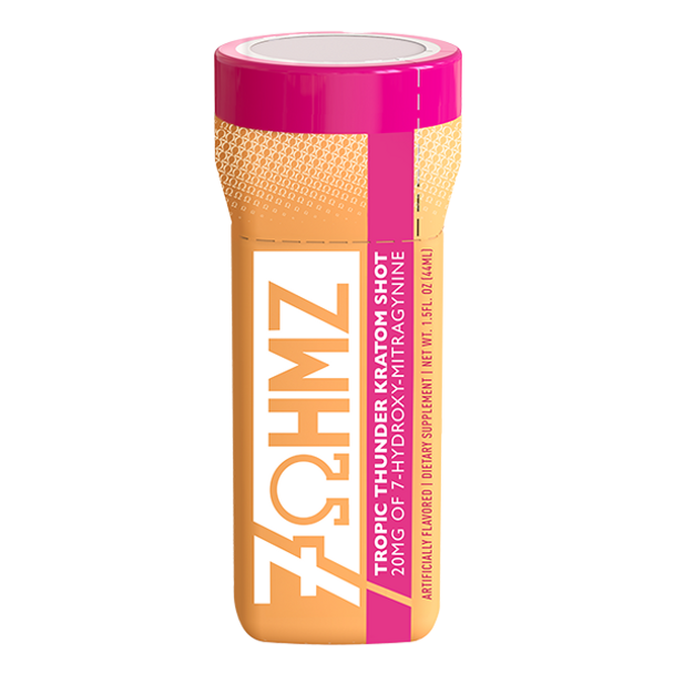 Supplement bottle with pink and orange design on a white background, ZOHMZ supplement shot container with green and orange design on a white background, 7ohmz kratom shot juicy watermelon, tropic thunder kratom shot 7ohmz, tropic thunder 7ohmz kratom shot