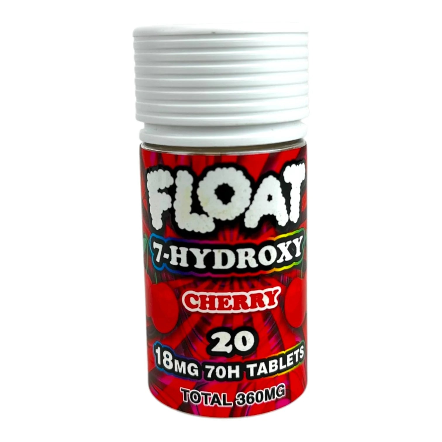 Cylindrical container labeled 'Float 7-Hydroxy Cherry' with red and white design on a white background, Bottle of Float 7-Hydroxy Blue Razz tablets on a white background, Two bottles of 'Float 7-Hydroxy' tablets in cherry and blue razz flavors on a white background, float 7 hydroxy 18mg 7oh tablets, 360mg tablet float 7 hydroxy tablets, float 7hydroxy flavored tablets, cherry float 7 hydroxy 18mg 7oh tablets, float cherry tablets 7 hydroxy