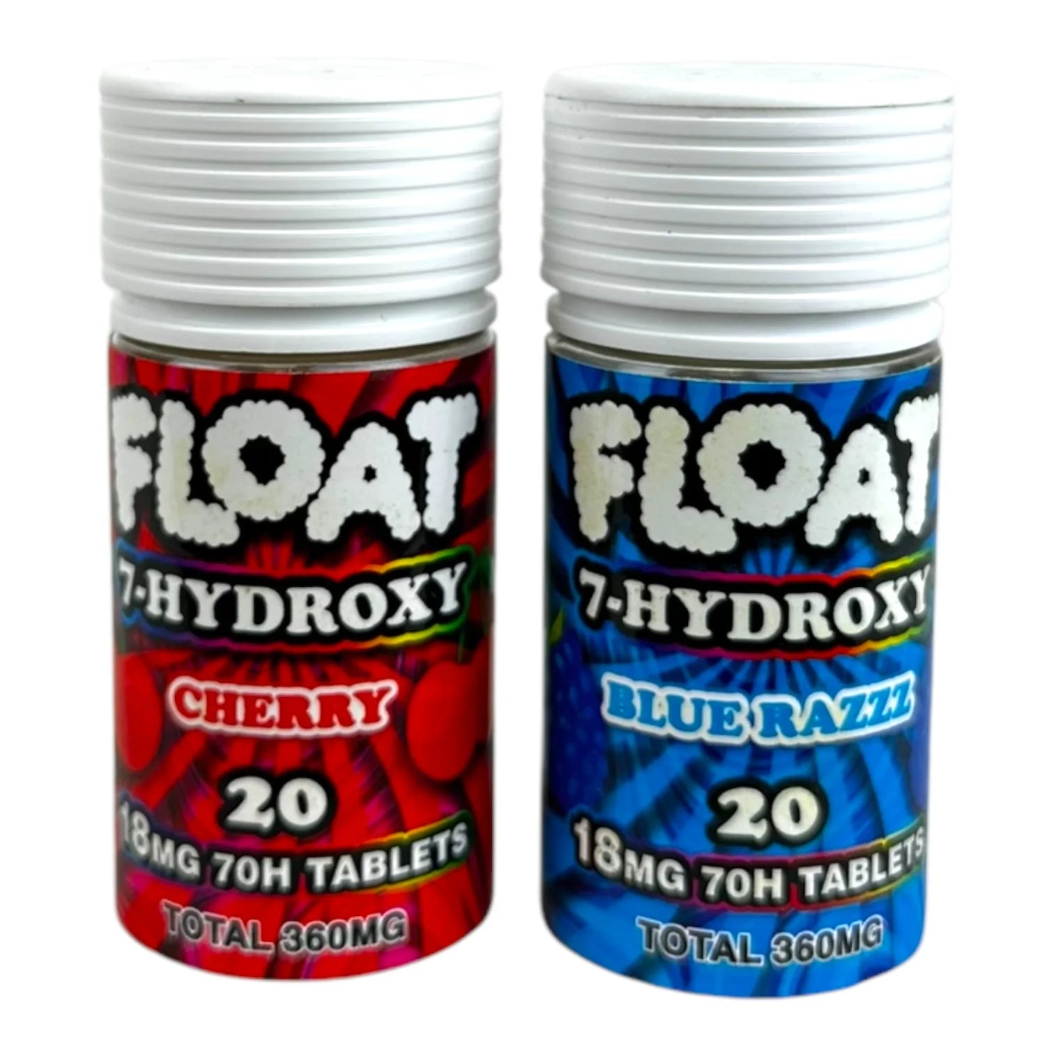 Two bottles of 'Float 7-Hydroxy' tablets in cherry and blue razz flavors on a white background, float 7 hydroxy 18mg 7oh tablets, 360mg tablet float 7 hydroxy tablets, float 7hydroxy flavored tablets,
