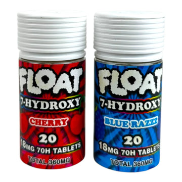 Two bottles of 'Float 7-Hydroxy' tablets in cherry and blue razz flavors on a white background, float 7 hydroxy 18mg 7oh tablets, 360mg tablet float 7 hydroxy tablets, float 7hydroxy flavored tablets,