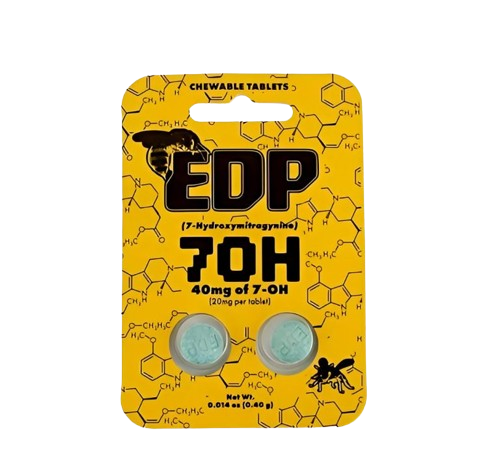 Display box of EDP chewable tablets with yellow packaging and black branding, Yellow and black packaging of EDP chewable tablets on a white background, EDP chewable tablets, EDP 7OH tablets, edp chewable tablets 20mg, edp 20mg chewable tablets, edp kratom extract tablets 20mg