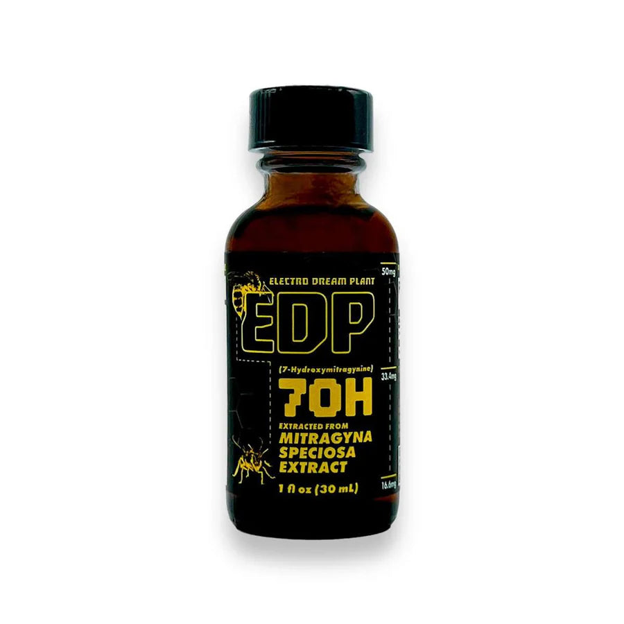 Bottle of EDP 70H extract on a white background, EDP 7oh kratom extract shot, EDP 7oh electro dream plant kratom shot, kratom shot edp