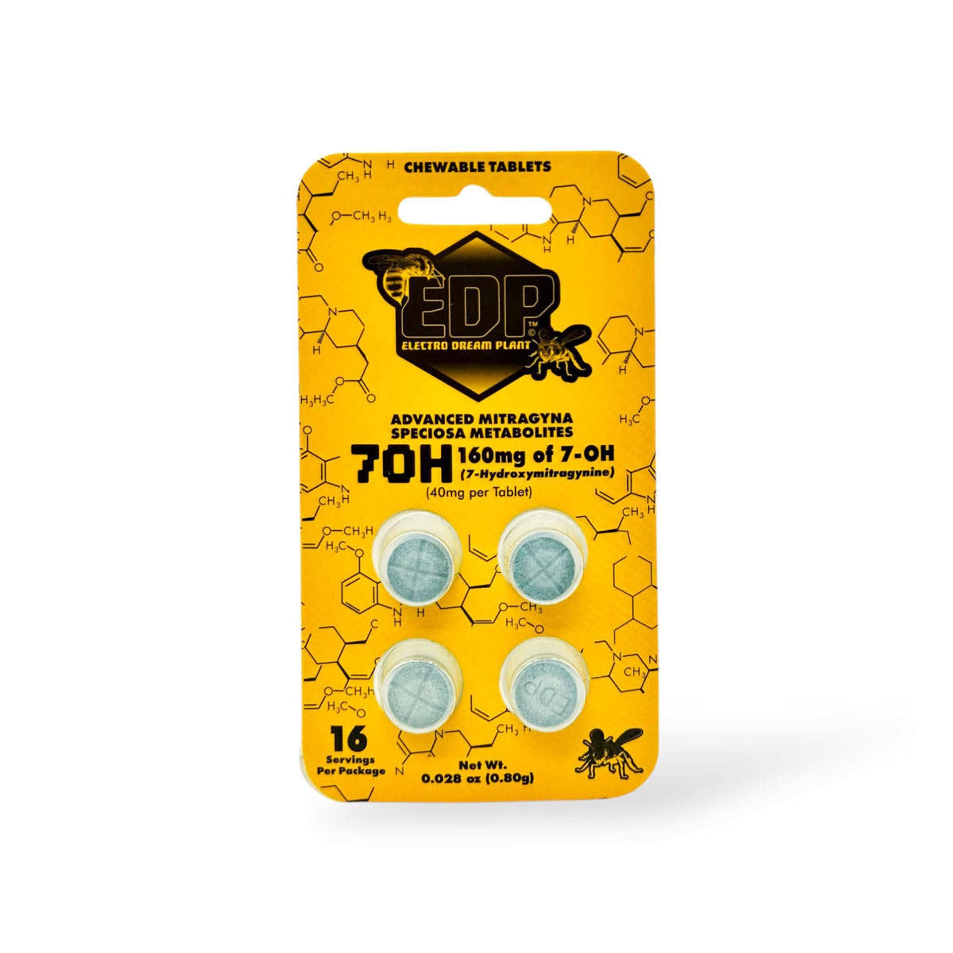 Display box of EDP chewable tablets with yellow packaging and black branding, Yellow and black packaging of EDP chewable tablets on a white background, EDP chewable tablets, EDP 7OH tablets, edp chewable tablets 160mg, edp 160mg chewable tablets, edp kratom extract tablets 160mg