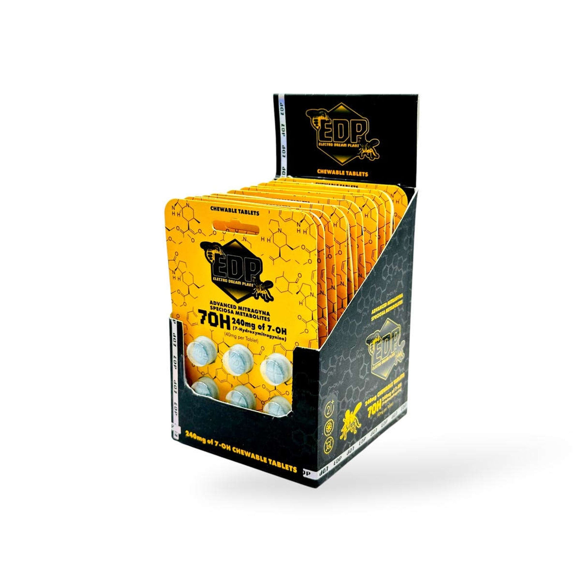 Display box of EDP chewable tablets with yellow packaging and black branding, Yellow and black packaging of EDP chewable tablets on a white background, EDP chewable tablets, EDP 7OH tablets, edp chewable tablets 20mg, edp 20mg chewable tablets, edp kratom extract tablets 20mg
