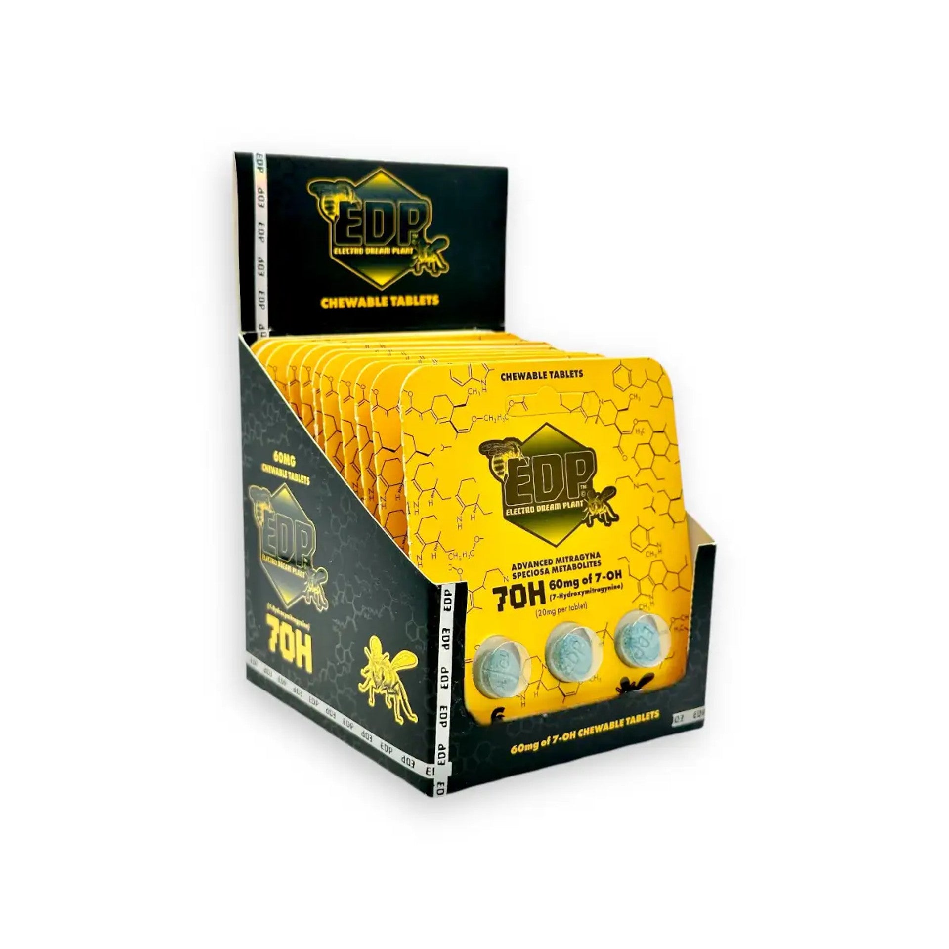 Display box of EDP chewable tablets with yellow packaging and black branding, Yellow and black packaging of EDP chewable tablets on a white background, EDP chewable tablets, EDP 7OH tablets, edp chewable tablets 40mg, edp 40mg chewable tablets, edp kratom extract tablets 40mg