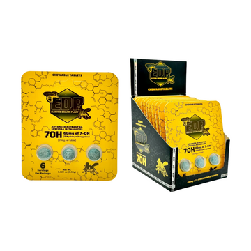 Yellow and black packaging of EDP chewable tablets on a white background, EDP chewable tablets, EDP 7OH tablets, edp chewable tablets 20mg, edp 20mg chewable tablets