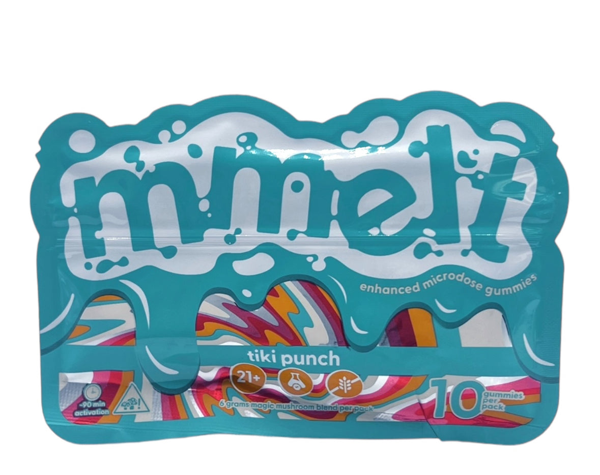Minty branded tiki punch gummies packaging on a white background, mmelt microdose gummies, tiki punch gummies, mmelt enhanced microdose gummies 10 gummies per pack. tiki punch mmelt gummies, mmelt gummies tiki punch