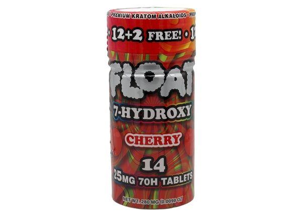 Red and white container of Float 7-Hydroxy Cherry kratom tablets on a white background, Two bottles of Float 7-Hydroxy tablets, one Blue Razz and one Cherry, on a white background, Bottle of Float 7-Hydroxy Blue Razz tablets on a white background, Two bottles of 'Float 7-Hydroxy' tablets in cherry and blue razz flavors on a white background, float 7 hydroxy 25mg 7oh tablets, 3650mg tablet float 7 hydroxy tablets, float 7hydroxy flavored tablets, cherry float 7 hydroxy 25mg 7oh tablets
