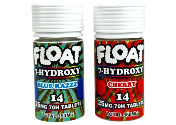 Two bottles of Float 7-Hydroxy tablets, one Blue Razz and one Cherry, on a white background, Bottle of Float 7-Hydroxy Blue Razz tablets on a white background, Two bottles of 'Float 7-Hydroxy' tablets in cherry and blue razz flavors on a white background, float 7 hydroxy 25mg 7oh tablets, 3650mg tablet float 7 hydroxy tablets, float 7hydroxy flavored tablets, blue razz float 7 hydroxy 25mg 7oh tablets