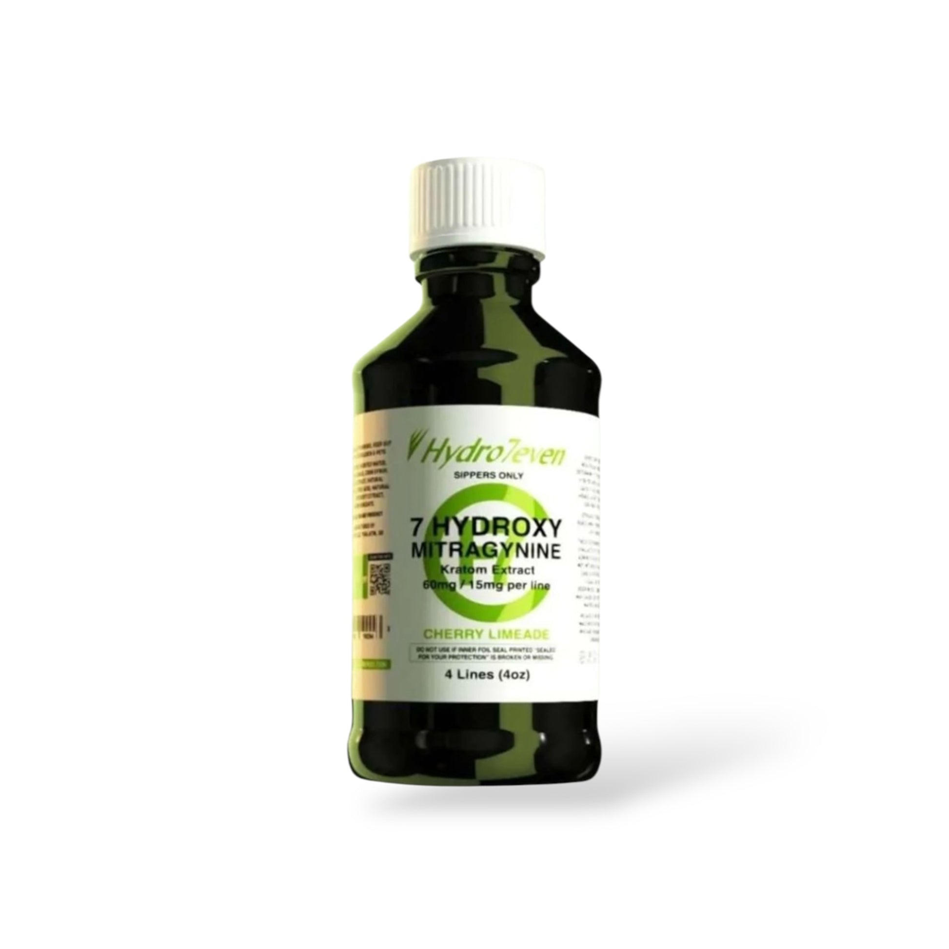 Bottle of HydroSeven 7 Hydroxy Nitrogynine on a white background, 7 hydroxy syrup cherry limeade, cherry limeade hydro7even 7 hydroxy cherry limeade syrup, cherry limeade syrup hydro7even