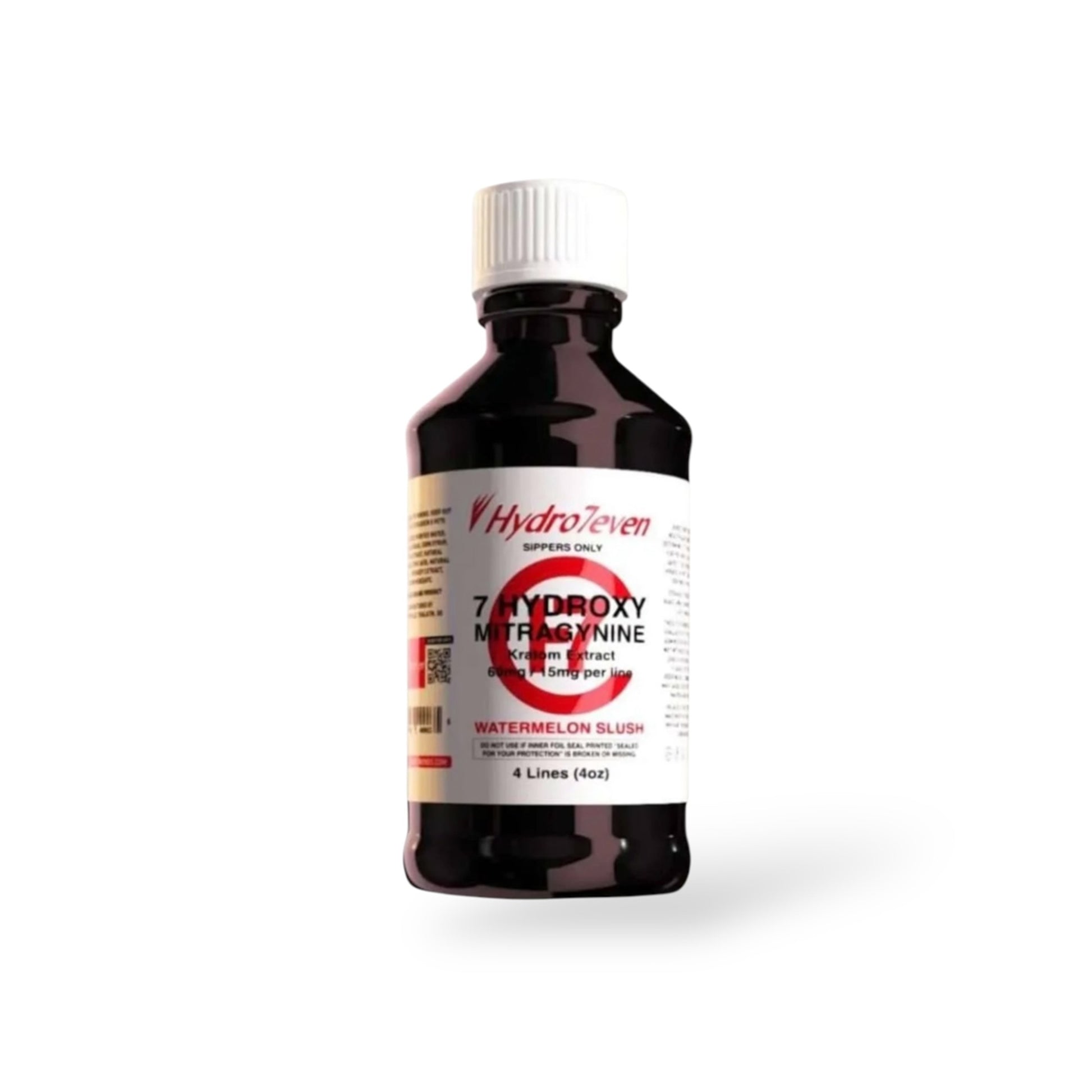 Bottle of Hydro7even 7-Hydroxy Methylnorine on a white background, Bottle of HydroSeven 7 Hydroxy Nitrogynine on a white background, 7 hydroxy syrup cherry limeade, watermelon slush hydro7even 7 hydroxy watermelon slush syrup, watermelon slush syrup hydro7even