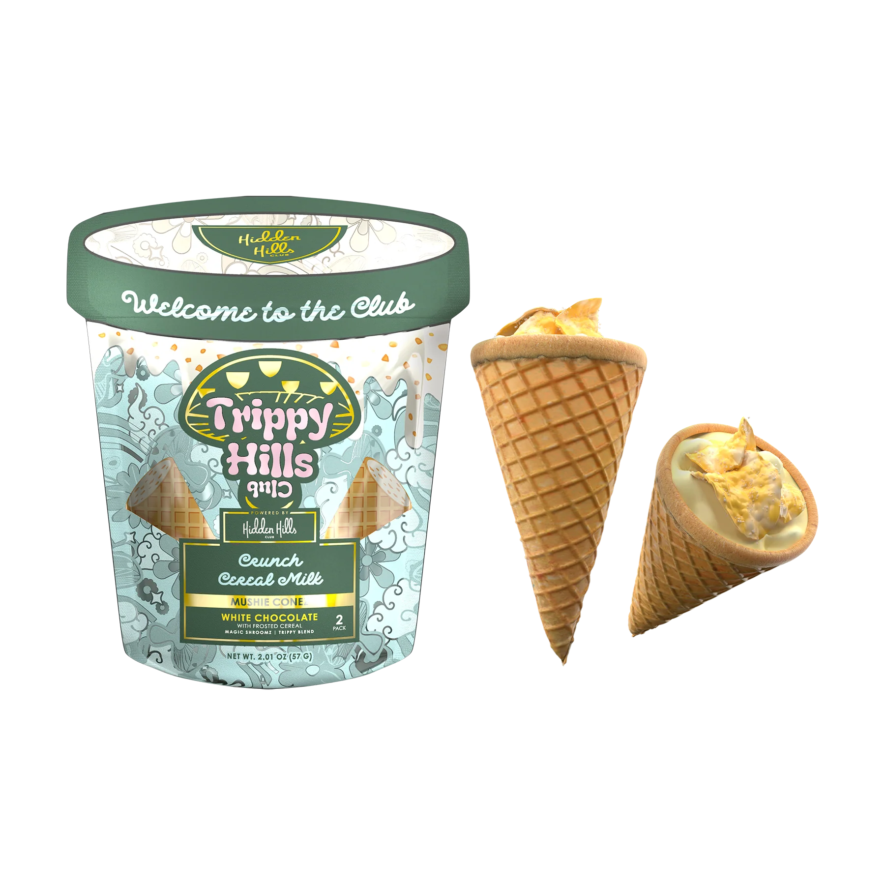 Trippy Hills ice cream container with two cones on a white background, trippy hills club, hidden hills trippy hills, hidden hills mushie cone, hidden hills mushie cone crunch cereal milk, crunch cereal milk hidden hills trippy hills mushie cone