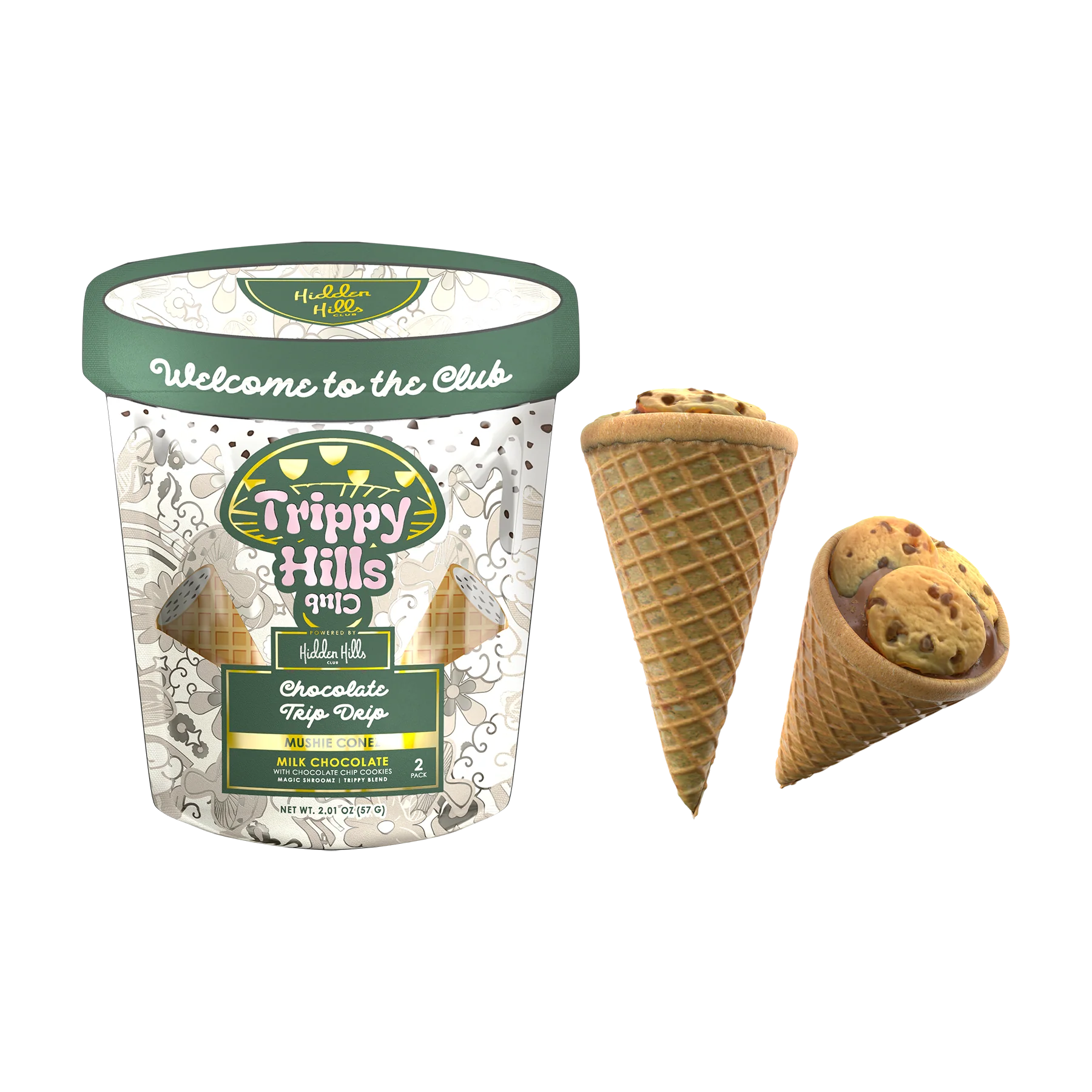 Trippy Hills ice cream container with two cones on a white background, trippy hills club, hidden hills trippy hills, hidden hills mushie cone, hidden hills mushie cone chocolate trip drip, chocolate trip drip hidden hills trippy hills mushie cone