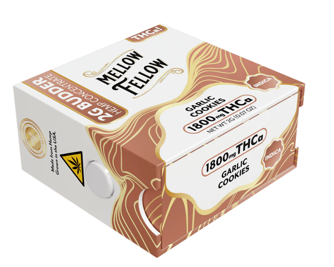 Mellow Fellow THC-A 2G Budder Jar, mellow fellow budder, mellow fellow thc a, mellow fellow peach oblivion, mellow fellow soul cleanser, mellow fellow peach oblivion x soul cleanser, mellow fellow garlic cookies, garlic cookies mellow fellow concentrate