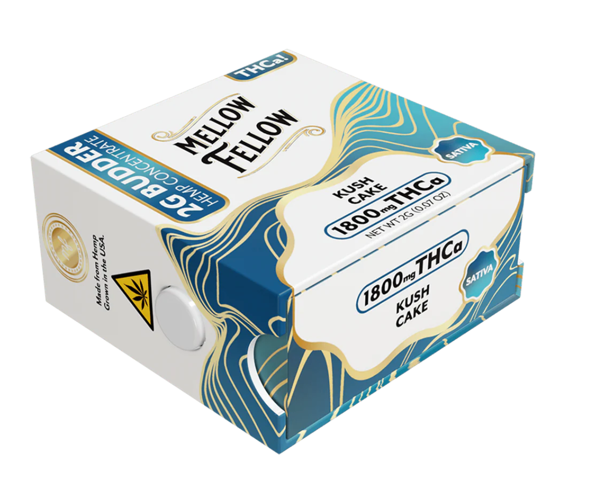 Mellow Fellow THC-A 2G Budder Jar, mellow fellow budder, mellow fellow thc a, mellow fellow peach oblivion, mellow fellow soul cleanser, mellow fellow peach oblivion x soul cleanser, mellow fellow kush cake, kush cake mellow fellow concentrate