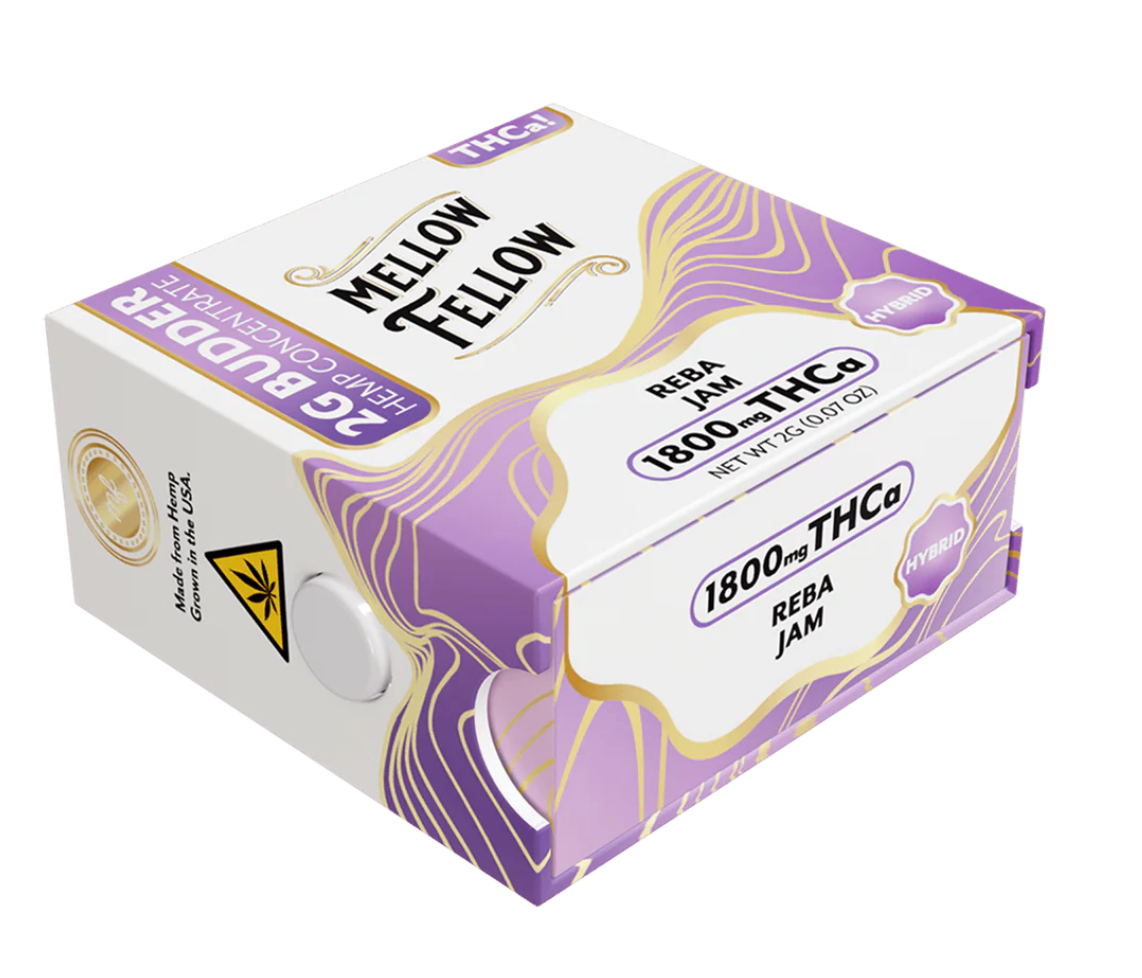 Mellow Fellow THC-A 2G Budder Jar, mellow fellow budder, mellow fellow thc a, mellow fellow peach oblivion, mellow fellow soul cleanser, mellow fellow peach oblivion x soul cleanser, mellow fellow reba jam, reba jam mellow fellow concentrate