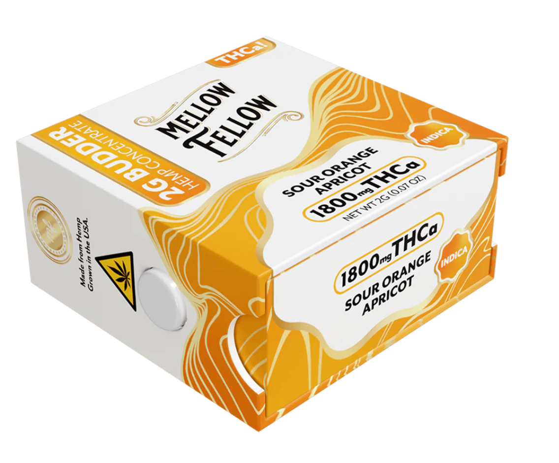 Mellow Fellow THC-A 2G Budder Jar, mellow fellow budder, mellow fellow thc a, mellow fellow peach oblivion, mellow fellow soul cleanser, mellow fellow peach oblivion x soul cleanser, mellow fellow sour orange apricot, sour orange apricot mellow fellow concenrate