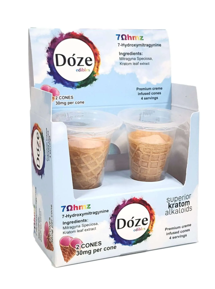 Doze Edibles packaging with two cones and product details on a white background, doze 7ohmz edibles, 7ohmz doze ice cream, 7ohmz doze edibles ice cream