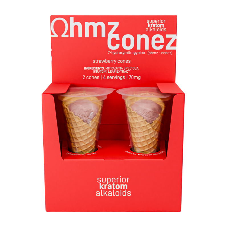 Doze Edibles packaging with two cones and product details on a white background, doze 7ohmz edibles, 7ohmz doze ice cream, 7ohmz doze edibles ice cream, 7ohmz conez strawberry cones, strawberry cones 7ohmz superior kratom alkaloids