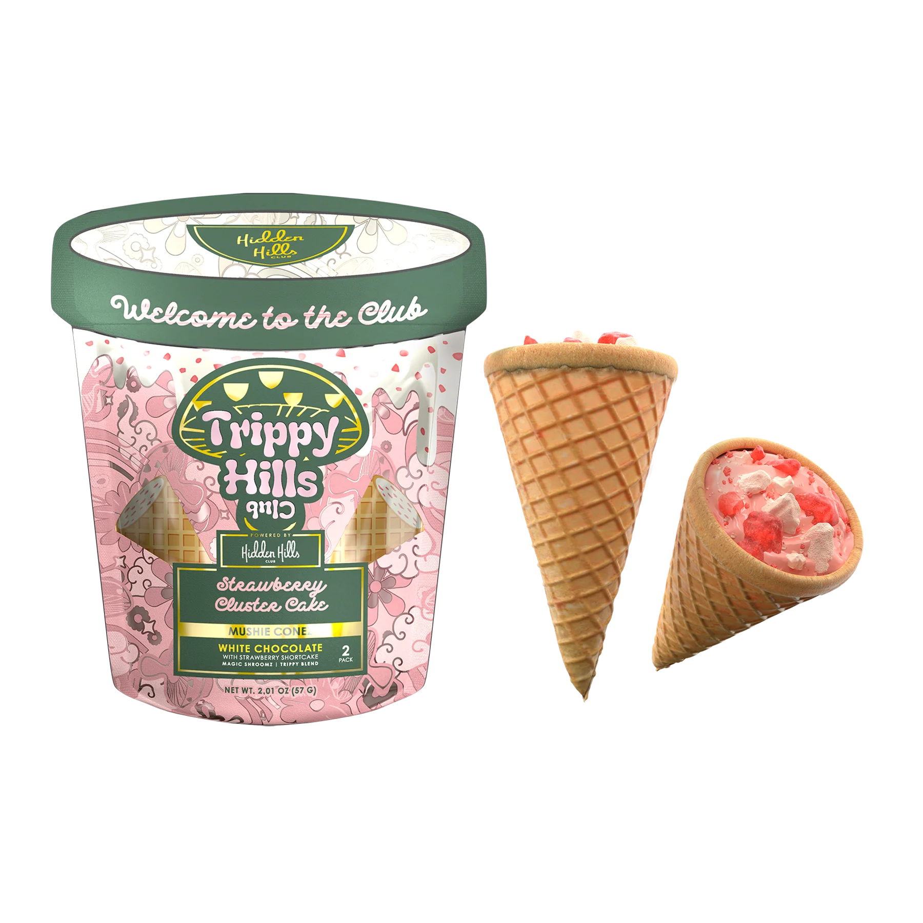 Trippy Hills ice cream container with two cones on a white background, trippy hills club, hidden hills trippy hills, hidden hills mushie cone, hidden hills mushie cone strawberry cluster cake strawberry cluster cake hidden hills trippy hills mushie cone
