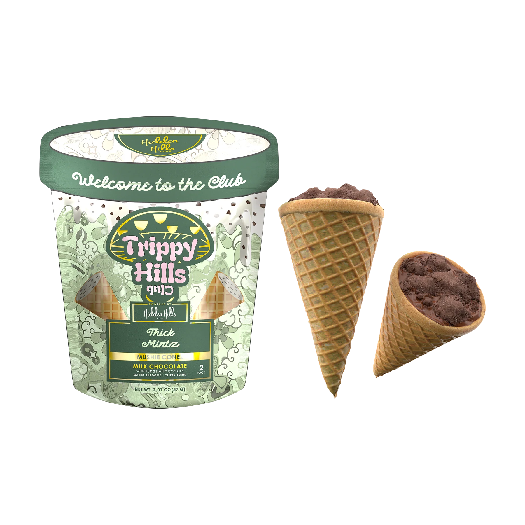Trippy Hills ice cream container with two cones on a white background, trippy hills club, hidden hills trippy hills, hidden hills mushie cone, hidden hills mushie cone thick mintz, thick mintzhidden hills trippy hills mushie cone