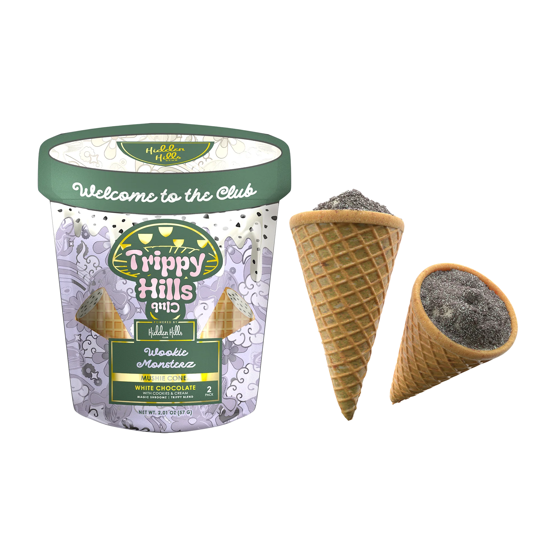 Trippy Hills ice cream container with two cones on a white background, trippy hills club, hidden hills trippy hills, hidden hills mushie cone, hidden hills mushie cone wookie monsterz, wookie monsterz hidden hills trippy hills mushie cone