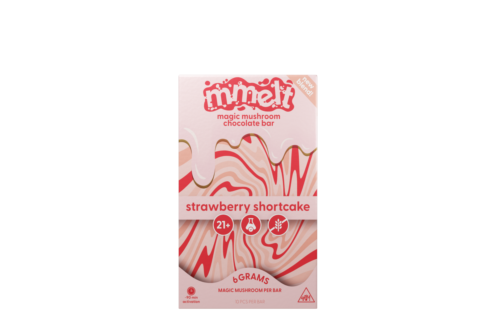 Box of mmelt strawberry shortcake flavored chocolate bar on a white background, Chocolate bars and packaging with 'mmelt' branding on a white background, mmelt magic mushroom chocolate bar, magic mushroom chocolate bar mmelt, mmelt mushroom chocolate bar flavors, mmelt strawberry shortcake magic mushroom chocolate bar, magic mushroom chocolate bar mmelt strawberry shortcake