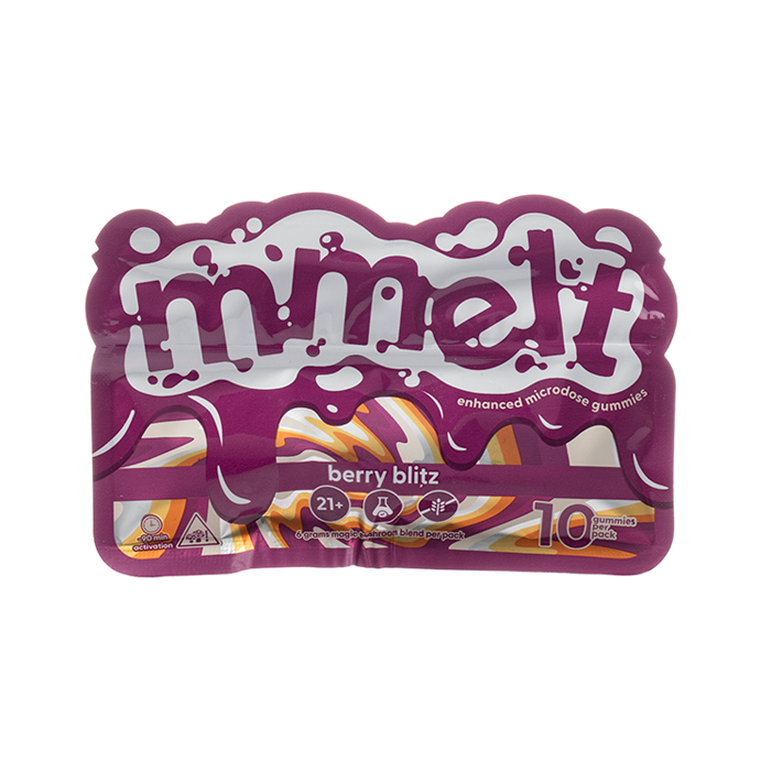 Red and white packaging of 'minelf' island berry twist gummies on a white background, mmelt microdose gummies, mmelt berry blitz gummies, mmelt enhanced microdose gummies 10 gummies per pack. berry blitz mmelt gummies, mmelt gummies berry blitz