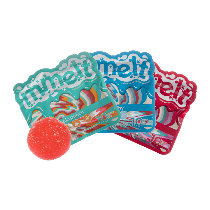 Red and white packaging of 'minelf' island berry twist gummies on a white background, mmelt microdose gummies, mmelt island berry twist gummies, mmelt enhanced microdose gummies 10 gummies per pack. island berry trist mmelt gummies, mmelt gummies flavors