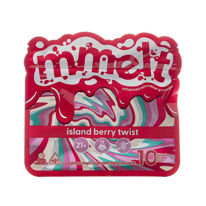 Red and white packaging of 'minelf' island berry twist gummies on a white background, mmelt microdose gummies, mmelt island berry twist gummies, mmelt enhanced microdose gummies 10 gummies per pack. island berry trist mmelt gummies, mmelt gummies island berry twist