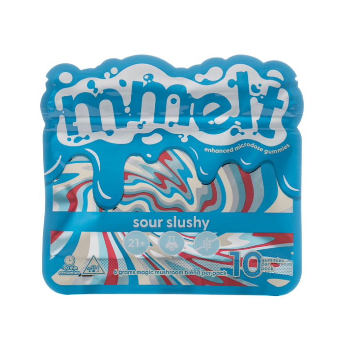 Red and white packaging of 'minelf' island berry twist gummies on a white background, mmelt microdose gummies, sour slushy gummies, mmelt enhanced microdose gummies 10 gummies per pack. island berry twist mmelt gummies, mmelt gummies sour slushy